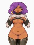 1girl 1girls areola breasts breasts_out brown_body brown_eyes brown_skin dark-skinned_female earrings lis_(mixka_li) long_sleeves mime mixka_li moon_earrings nipples purple_hair simple_background stockings sweater_up turtleneck twitter_user_oc