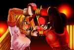  2girls battle crossover horn hoshiguma_yuugi kamen_rider kamen_rider_kuuga kamen_rider_kuuga_(series) kamishima_kanon multiple_girls muscle red touhou 