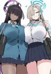  2_girls ai_generated asuna_(blue_archive) black_hair blonde blonde_hair blue_archive blue_eyes breast_press breasts chocolate_and_vanilla clenched_teeth dark-skinned_female dark_skin halo heart huge_breasts karin_(blue_archive) light-skinned_female light_skin looking_at_viewer school_uniform schoolgirl skirt smile thick_thighs thighs yellow_eyes yuneillusts yuri 