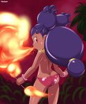  1girl ass back big_hair bikini_bottom breathing_fire brown_eyes brown_hair butt_crack dark_skin fire from_behind high_res highres iris_(pokemon) lei long_hair looking_back pepipopo pokemon pokemon_(game) pokemon_bw solo topless two_side_up 