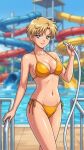  1girl adult_swim alluring bikini bishoujo_senshi_sailor_moon bishoujo_senshi_sailor_moon_s bishoujo_senshi_sailor_moon_s_the_movie bishoujo_senshi_sailor_moon_supers bishoujo_senshi_sailor_moon_supers_the_movie blonde_hair blue_sky cleavage dario haruka_ten'ou holding_water_hose medium_breasts navy_eyes pin_up short_hair swimming_pool toei_animation toonami viz_media water_hose water_park water_slide waterpark waterslide 