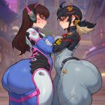  2_girls ai_generated asian asian_female bare_thighs big_ass big_ass big_breasts big_breasts black_eyes black_hair blizzard_entertainment bodysuit breasts_squeezed_together brown_eyes brown_hair crossover d.va d.va_(overwatch) fat_ass gigantic_ass huge_breasts huge_thighs light-skinned_female light_skin long_hair marvel marvel_comics marvel_rivals massive_ass mochipawg multicolored_hair overwatch peni_parker peni_parker_(marvel_rivals) smile spider-man_(series) squatting sweat sweatdrop thick_body thick_female thick_thighs thighs twin_tails voluptuous voluptuous_female 