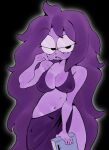  1girl 2026 bedroom_eyes bikini black_lips breasts cookiesonthefloor deltarune deltarune_chapter_5 glasses high_res holding_book looking_at_viewer navel nerd nipples_visible_through_bikini nipples_visible_through_clothing purple_body purple_hair purple_skin seductive seth_(deltarune) undertale_(series) very_long_hair 