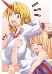  2girls big_breasts blonde_hair breast_grab breasts closed_eyes hair horn horns hoshiguma_yuugi hug_from_behind hugging ibuki_suika long_hair multiple_girls open_mouth red_eyes short_sleeves smile touhou yasuharu_yakose yuri 