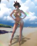  1girl 1girls artist_name bandai_namco beach bikini black_hair breasts brown_eyes cleavage cloud day fighting_game floral_print green_bikini hairband hands_on_own_hips high_res josie_rizal namco namco_bandai navel raydash30 shadow short_hair standing standing_up swimsuit tekken tekken_7 twitter video_game_character video_game_franchise video_games 