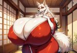 1girl ai_generated amaterasu_okami fully_clothed hyper_breasts wolf