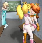 3_girls 3girls ass ass_grab bench blonde_hair blush bodysuit boots breast_press breasts brown_hair caught changing_room crown earrings fingering hair_over_one_eye jewelry kissing locker locker_room mario_kart mario_kart_8 masturbation multiple_girls nintendo orange_hair princess princess_daisy princess_peach princess_rosalina rosalina rosalina_(mario) rosetta_(mario) royalty sandyrex sandyrex_(artist) super_mario_bros. super_mario_galaxy super_mario_land symmetrical_docking unzipped voyeur voyeurism watching yuri