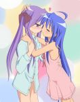  2girls ahoge blue_hair blush closed_eyes hair hair_ribbon heart hiiragi_kagami hug hugging incipient_kiss izumi_konata long_hair lucky_star mel_(artist) mel_(melty_pot) multiple_girls nightgown panties purple_eyes purple_hair ribbon shirt tsurime twin_tails twintails underwear violet_eyes yuri 