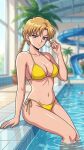  1girl adult_swim alluring bikini bishoujo_senshi_sailor_moon bishoujo_senshi_sailor_moon_s bishoujo_senshi_sailor_moon_s_the_movie bishoujo_senshi_sailor_moon_supers bishoujo_senshi_sailor_moon_supers_the_movie blonde_hair blue_sky cleavage dario haruka_ten'ou medium_breasts navy_eyes pin_up short_hair swimming_pool toei_animation toonami viz_media water_park water_slide waterpark waterslide 
