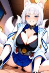 1boy 1girls ai_generated azur_lane big_breasts black_panties black_wristbands blue_eyes blue_skirt blush breasts cleavage clothed clothed_female clothed_female_nude_male cowgirl_position fox_ears fox_girl fox_tails indoors kaga_(azur_lane) legs_spread naked_male nude nude nude_male overcoat panties panties_aside penis_in_pussy pov sex ship_girl short_hair skirt smile socks vaginal_penetration white_hair white_socks wristbands