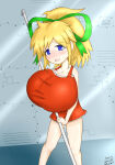  1girl blonde blonde_female blonde_hair blue_eyes blush broom capcom collarbone creative_signature double-parted_bangs dress eyebrows_visible_through_hair feet_out_of_frame frilled_dress frills green_ribbon holding_broom holding_object huge_breasts long_hair mega_man open_mouth parted_hair petticoat ponytail red_dress rockman rockman_(classic) roll_(megaman) roll_(rockman) short_dress sidelocks signature sleeveless wall_(structure) 