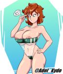 1girl ? adel_kydo aqua_background areola areola_slip bare_arms bare_legs bare_shoulders big_breasts breasts brown_hair cleavage closed_mouth collarbone confused earrings female_only female_solo freckles freckles_on_body freckles_on_breasts freckles_on_face gold_earrings gold_jewelry gradient gradient_background green_eyes green_leotard green_one-piece_swimsuit green_swimsuit hand_on_hip hand_up highleg highleg_leotard highleg_one-piece_swimsuit highleg_swimsuit huge_breasts jewelry legs light-skinned_female light_skin looking_down mound_of_venus neck nipples one-piece_swimsuit original original_character see-through see-through_clothes see-through_leotard short_hair speech_bubble spoken_question_mark standing strapless strapless_leotard strapless_one-piece_swimsuit swimsuit talking thick_eyebrows thighs translucent translucent_bunnysuit translucent_clothing translucent_leotard translucent_swimwear
