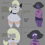 1boy 1femboy 1futa 1girl arm_sleeves armwear birthday black_hair blonde_hair blue_eyes blush breasts brickney_(megamor) bulge_under_clothes clothing comic cube_head cubic_head cyclops elbow_gloves english_text femboy futanari futanari_on_male gloves inminent_sex legwear male mega_(megamor) megamor neckline purple_body purple_hair purple_skin simple_background stockings text turtleneck white_skin yellow_eyes