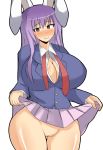  1girl animal_ears bad_id big_breasts blush breasts bunny_ears cleavage curvy female huge_breasts large_breasts long_hair musuka_(muska) no_panties purple_hair pussy red_eyes reisen_udongein_inaba skirt skirt_lift solo touhou uncensored 