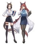 2_girls absurd_res aged_up air_groove_(umamusume) animal_ears big_breasts black_choker black_pantyhose black_skirt black_thighhighs blue_eyes blue_skirt blue_sweater blush bow braid breasts brown_hair choker cleavage clipboard coat collared_shirt ear_bow ear_chain hair_between_eyes high_heels high_res holding holding_clipboard horse_ears horse_girl horse_tail lab_coat linked_piercing long_hair long_sleeves looking_at_viewer multicolored_hair multiple_girls nurse open_clothes open_coat open_mouth pantyhose pencil_skirt piercing profnote school_nurse shirt short_hair skirt smile stockings streaked_hair super_creek_(umamusume) sweater tail teacher umamusume very_long_hair white_hair white_shirt yellow_bow