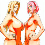  big_breasts cowboy_shot looking_at_viewer manga_style medium_breasts naruto naruto_shippuden sakura_haruno simple_background smile tagme tsunade white_background 