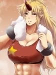 1girl abs bare_shoulders blonde_hair breasts cleavage female horn hoshiguma_yuugi long_hair midriff muscle oni pointy_ears solo sports_bra star sweat tobisawa touhou towel