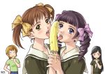 2girls 3girls banana_popsicle brown_hair drill_hair food fukuzawa_yumi hair ice_cream maria-sama_ga_miteru matsudaira_touko multiple_girls ogasawara_sachiko popsicle purple_hair same satou_sei sexually_suggestive tongue yuri