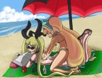  2girls :q armband artist_name beach beach_towel beach_umbrella bell bell_collar bikini blazblue blonde_hair bow collar drawfag gii hair hair_bow hair_ribbon hairband heart heart-shaped_pupils juice_box long_hair lotion mario_grant mg multiple_girls nago ocean on_stomach platinum_the_trinity rachel_alucard reading red_eyes ribbon small_breasts straddle sunglasses swimsuit symbol-shaped_pupils tongue twin_tails two_side_up very_long_hair 