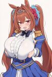  1girl ai_generated animal_ears big_breasts blush bow breast_grab breast_hold breasts brown_hair daiwa_scarlet_(umamusume) epaulettes hair_bow hair_intakes horse_ears horse_girl horse_tail huge_breasts long_hair long_sleeves looking_at_viewer open_mouth pleated_skirt red_eyes sirakomasumosu skirt striped tiara twin_tails umamusume umamusume_pretty_derby very_long_hair white_background 