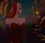 animated big_breasts bouncing_breasts breasts cleavage disney eddie_valiant elbow_gloves gif jessica_rabbit jiggle night outside red_dress road walking who_framed_roger_rabbit