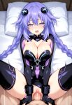  1boy 1girls ai_generated big_breasts blue_eyes blush bodysuit breasts cleavage clothed clothed_female clothed_female_nude_male hair_accessory hair_ornament in_bed legs_spread long_hair missionary_position moaning naked_male neptune_(choujigen_game_neptune) neptunia_(series) nude nude_male penis_in_pussy pov purple_hair purple_heart sex stockings twin_braids vaginal_penetration 
