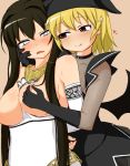 2girls bare_shoulders between_breasts big_breasts black_hair blonde_hair breast_grab breasts clothes_between_breasts elbow_gloves gloves grabbing hair hand_on_another's_cheek hand_on_another's_face high_res highres large_breasts long_hair mabinogi morrighan multiple_girls negetsu nipple_tweak nipples red_eyes saliva saliva_trail short_hair succubus_(mabinogi) tongue white_eyes yuri