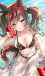 1girl animal_ears bare_shoulders beach big_breasts bikini black_bikini black_sarong blush bow breasts brown_eyes brown_hair can cleavage commentary_request drink_can ear_bow ear_covers ear_ribbon green_bow hanamura_pink high_res holding holding_can horse_ears horse_girl horse_tail looking_at_viewer multicolored_hair nice_nature_(umamusume) ocean open_mouth outside sarong smile soda_can streaked_hair swimsuit tail twin_tails umamusume umamusume_pretty_derby water