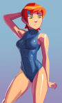  arm_behind_back ben_10 ben_10_(classic) blue_background collarbone earrings gradient_background green_eyes gwen_tennyson gwen_tennyson_(classic) hairclip hand_behind_head looking_down medium_breasts navel orange_hair parted_bangs short_hair swimsuit thick_eyebrows tight_clothes tight_clothing turtleneck 