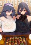  2_girls @_@ ai_generated beer blush breast_press breasts circle_ueponzu date dating food game_freak gigantic_breasts hex_maniac hex_maniac_(pokemon) hex_maniac_(z-a) huge_breasts light-skinned_female light_skin looking_at_viewer nintendo pokemon pov purple_eyes purple_hair smile 