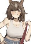 1girl absurd_res animal_ears bare_shoulders big_breasts blush breasts brown_hair cleavage collarbone commentary english_commentary grey_pants hair_between_eyes hand_on_own_hip high_res holding holding_leash horse_ears horse_girl iog626 leash long_hair looking_at_viewer midriff multicolored_hair navel pants parted_lips pov red_eyes simple_background sirius_symboli_(umamusume) smile streaked_hair sweat tank_top umamusume umamusume_pretty_derby viewer_on_leash white_background white_hair white_tank_top