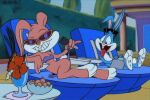 1boy 1girl babs_bunny beach_chair bikini blue_fur breaking_the_fourth_wall bunny_ears bunny_girl bunny_tail buster_bunny cocktail cocktail_glass comedy covering_privates edit edited_screencap fourth_wall fur furry furry_female hair_bow hair_ribbon long_ears looking_at_another looking_at_viewer official_style open_mouth pawpads paws pink_fur pool_chair poolside purple_bikini purple_ribbon rabbit rabbit_ears rabbit_girl rabbit_tail raised_eyebrow raised_eyebrows red_sunglasses removing_bikini_bottom retro_artstyle ribbon sitting sitting_on_chair smile sunglasses sunglasses_on_head surprised tiny_toon_adventures tongue tongue_out two-tone_fur unbakable white_fur