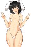  1girl animal_ears bare_shoulders bikini black_hair blush breasts bunny_ears cameltoe double_v drooling erect_nipples eyes female flat_chest g-string highleg hips inaba_tewi micro_bikini musuka_(muska) navel nipple_slip nipples open_mouth pussy pussy_juice red_eyes ringed_eyes saliva see-through short_hair side-tie_bikini simple_background small_breasts solo standing string_bikini sweat swimsuit thong touhou v wardrobe_malfunction white_background white_bikini white_swimsuit wide_hips 