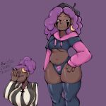  1girl 2_girls beret brown_body brown_skin clothing dark-skinned_female draw_your_oc_in_this earrings lis_(mixka_li) meme_clothing milf mixka_li moon_earrings mother paggi_outfit partially_clothed purple_hair simple_background skindentation spanish_text stockings text twitter_user_oc 