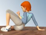 3d 3repus arm_behind_back ben_10 ben_10_(classic) big_ass big_breasts blue_background blue_shirt blue_sleeves capri_pants creative_signature earrings from_behind gradient_background grey_pants gwen_tennyson gwen_tennyson_(classic) hair_behind_ear large_breasts leggings lying midriff orange_hair panties_visible_through_clothes pants_rolled_up parted_hair pearl_earrings raglan_sleeves short_hair signature sneakers tight_clothes two-tone_shirt white_footwear white_nails white_shoes wooden_floor