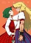  2girls absurd_res athletic big_breasts blonde_hair breast_press breasts bust_chart chart cuffs face-to-face female green_hair grin hair high_res horns hoshiguma_yuugi kazami_yuuka multiple_girls muscle parasol pointy_ears red_eyes smile stare_down symmetrical_docking touhou umbrella ume_(noraneko) yasaka_kanako youkai 