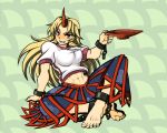  barefoot blonde_hair cuffs feet grin horns hoshiguma_yuugi long_hair midriff muscle navel pointy_ears red_eyes sakazuki sake shackles sitting smile solo touhou wabi_tsubaki 