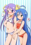  2girls :3 ahoge arm_hug bikini blue_eyes blue_hair blush collarbone embarrassed green_eyes groin hair hair_ribbon hand_holding hand_on_hip heart hiiragi_kagami hips holding_hands izumi_konata locked_arms long_hair lucky_star mel_(artist) mel_(melty_pot) midriff mole mound_of_venus multiple_girls navel purple_hair ribbon side-tie_bikini smile spoken_blush spoken_heart star striped sweat swimsuit tsurime twin_tails twintails very_long_hair yuri 