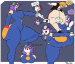  1boy 1girl 1girls balls blonde_hair bodysuit breasts bulge_through_clothing clown clown_makeup clown_nose el'la_(jacknova093) elbow_gloves fat_ass gloves holding_balls huge_balls huge_testicles intersex jacknova093 orange_eyes portal purple_hair sideboob simple_background testicle torn_pants zach_(jacknova093) 