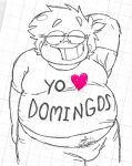 1boy alejo_torres arms_behind_head belly colorless dad_bod dadbod fat_male front_view male male_only middle_aged middle_aged_male monochrome nonsexual oc original_character plump sketch smile smiling_at_viewer solo_male standing text_on_clothing una_familia_50_promedio