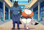  1girl ai_generated amaterasu_okami bigger_male duo eric_(wolf2012) fully_clothed fully_clothed_female fully_clothed_male hyper_balls hyper_breasts male mall muscular_male walking wolf 