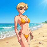  1girl adult_swim alluring beach bikini bishoujo_senshi_sailor_moon bishoujo_senshi_sailor_moon_s bishoujo_senshi_sailor_moon_s_the_movie bishoujo_senshi_sailor_moon_supers bishoujo_senshi_sailor_moon_supers_the_movie blonde_hair blue_sky cleavage dario haruka_ten'ou medium_breasts navy_eyes ocean pin_up short_hair toei_animation toonami viz_media 