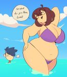 1girl 2_girls ahoge background beach bikini black_hair boss_(thelittlenerdys) breasts buckteeth cannon chubby chubby_female cloud glasses hair_covering_eye hair_over_one_eye luna_(thelittlenerdys) nerd nerdy nerdy_female ocean partially_clothed short_hair shortstack sky speech_bubble text thick_thighs thighs water welsdumps wife_and_wife yuri