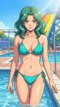  1girl adult_swim alluring bikini bishoujo_senshi_sailor_moon bishoujo_senshi_sailor_moon_s bishoujo_senshi_sailor_moon_s_the_movie bishoujo_senshi_sailor_moon_supers bishoujo_senshi_sailor_moon_supers_the_movie cleavage dario medium_breasts michiru_kaiou pin_up swimming_pool teal_eyes teal_hair toei_animation toonami viz_media water_park water_slide waterpark waterslide 