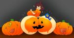 1girl 1girls ahoge boss_(thelittlenerdys) breasts brown_hair buckteeth closed_eyes_smile fat_ass halloween halloween_pumpkin nerd nerdy nerdy_female panties partially_clothed pumpkin short_hair sideboob simple_background skaler2