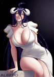  1girl albedo albedo_(overlord) big_breasts black_hair bubble_butt cleavage horny inviting_to_sex looking_at_viewer overlord overlord_(maruyama) pose sitting teasing thick_thighs valenvenge yellow_eyes 