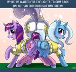 ass blue_hair blush clothed clothing cutie_mark english_text equine female friendship_is_magic hair horn horse john_joseco leg_warmer my_little_pony pony princess_celestia purple_eyes tail text trixie twilight_sparkle two_tone_hair unicorn