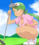 1_girl 1girl big_ass dark-skinned_female dark_skin golf golf_club golf_course green_hair humans_of_pokemon mallow_(pokemon) mao_(pokemon) medium_breasts pokemon pokemon_(anime) pokemon_sm sitting sportswear tof