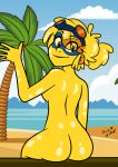 1girl arm_at_side ass back bare_back beach big_ass blonde_female blonde_hair blue_mask breasts cartoon_network closed_mouth cloud completely_nude completely_nude_female day domino_mask eyebrows_visible_through_hair eyes_visible_through_hair female_only female_solo from_behind g-lo_(villainous) goggles goggles_on_head hand_up heroine looking_at_viewer looking_back mask medium_breasts neck nude nude_female ocean orange_eyes orange_goggles outdoor_nudity outside palm_tree ponytail robert_rose_(philelmago) sand short_hair sideboob sitting sky slime slime_girl smile superheroine tied_hair tree villainous water waving waving_at_viewer yellow_skin