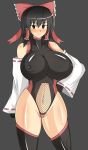  1girl adult bad_id black_hair blush breasts c_p_muska crossover curvy detached_sleeves erect_nipples female gloves grey_background groin hair_intakes hakurei_reimu highleg highleg_leotard hips huge_breasts leotard mound_of_venus musuka_(muska) navel older red_eyes see-through shiny short_hair simple_background solo standing taimanin_asagi touhou wide_hips 